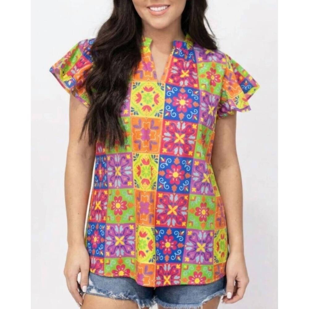 NEW LAYERZ CLOTHING iris futter sleeve top in fiesta flair